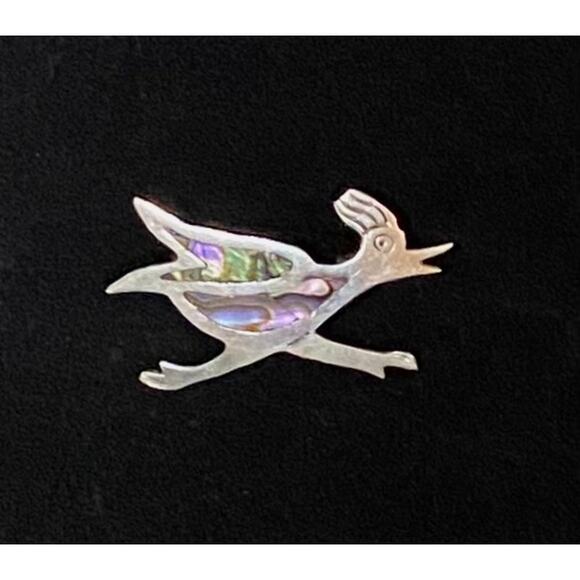 Vintage Taxco Mexico Sterling Silver Roadrunner Brooch with Abalone Shell Inlay - Picture 1 of 9